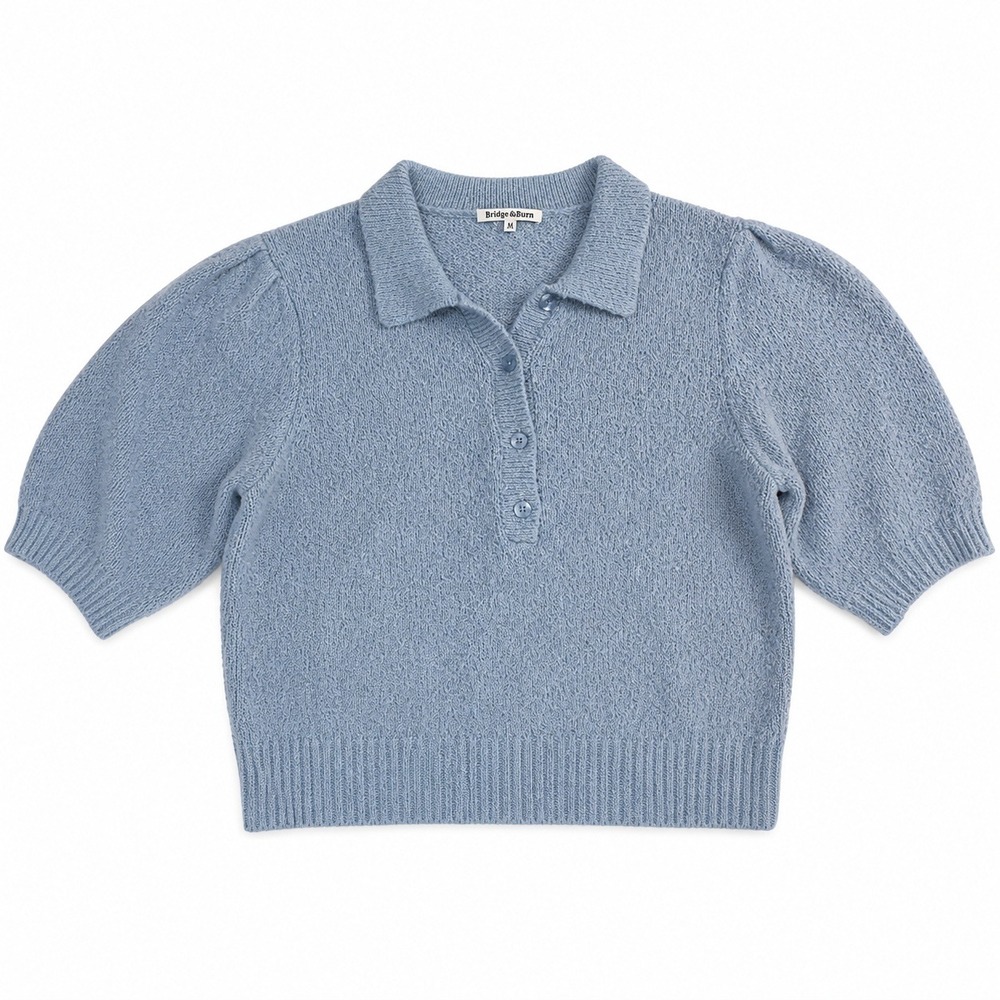 Reformation Organic Cotton Sweater - M Light Blue Boucle Polo Puff Sleeve